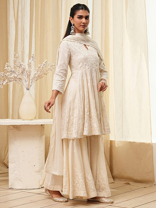Biba Women Floral Printed Angrakha Kurta with Sharara & With Dupatta
