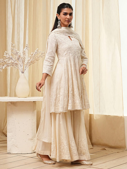 Biba Women Floral Printed Angrakha Kurta with Sharara & With Dupatta