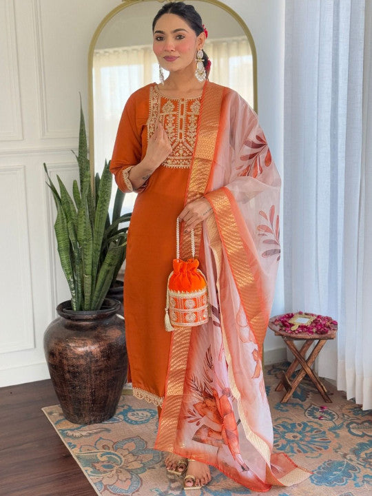 Anara Women Floral Embroidered Regular Sequinned Kurta with Trousers & Dupatta
