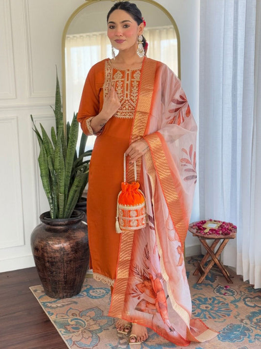 Anara Women Floral Embroidered Regular Sequinned Kurta with Trousers & Dupatta