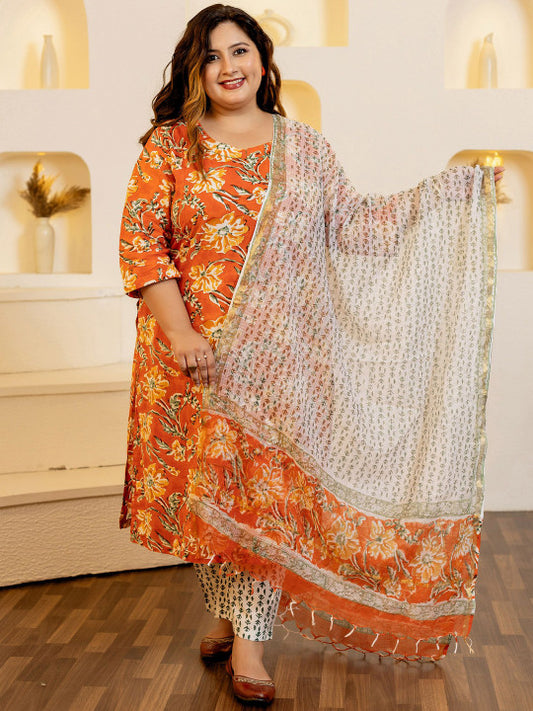 Floral Printed Sequinned Pure Cotton Kurta with Trouser & Dupatta