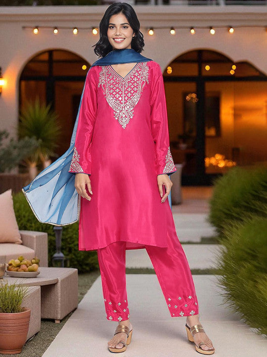 W Women Floral Embroidered Regular Thread Work Kurta with Trousers & With Dupatta