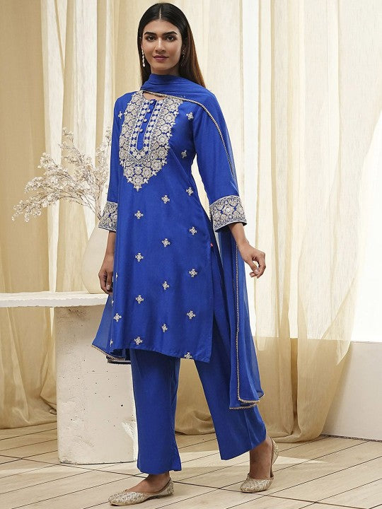 Biba Floral Embroidered Round Neck Sequinned Straight Kurta
