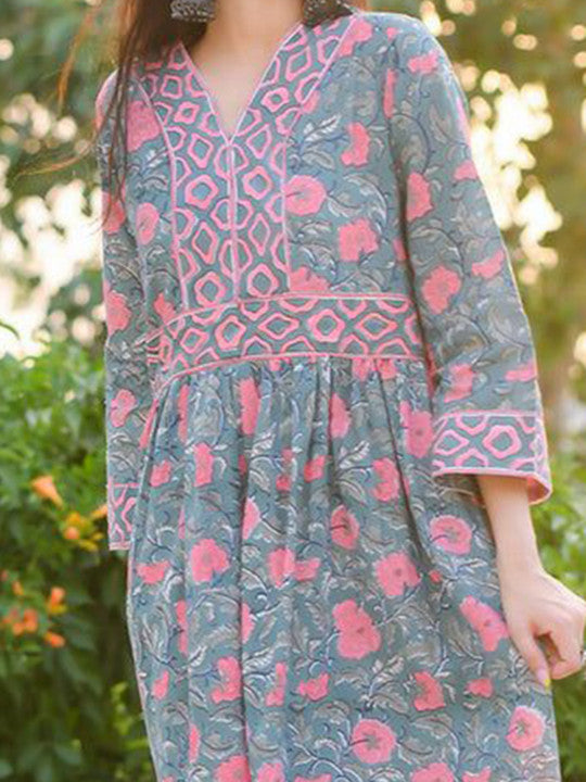 GULABI DORI Floral Printed Cotton Maxi Ethnic Dress