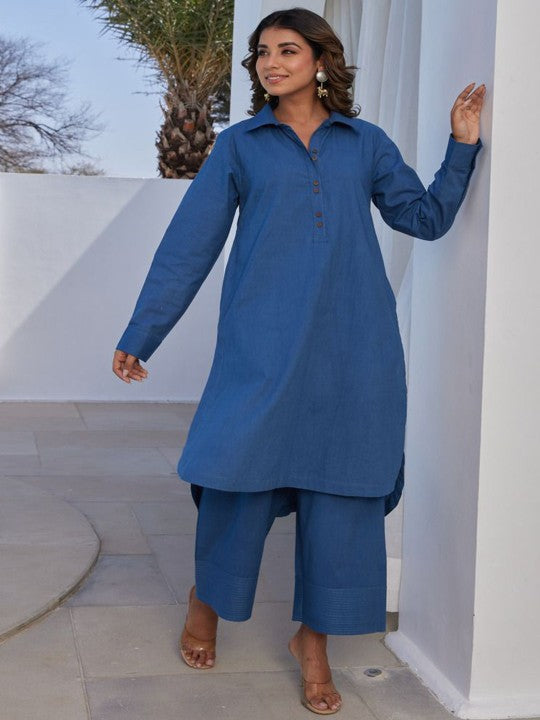 TARA-C-TARA Women Shirt Collar Pure Cotton Tunic With Palazzo Co-Ords