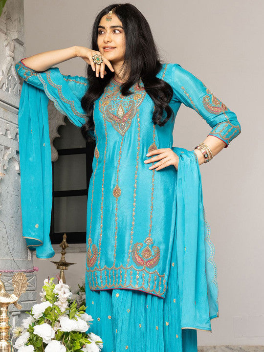CHHAAP Women Ethnic Motifs Embroidered Regular Sequinned Kurta with Palazzos & Dupatta