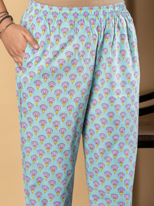 Floral Printed Square Neck Pure Cotton Straight Kurta With Trousers & Dupatta