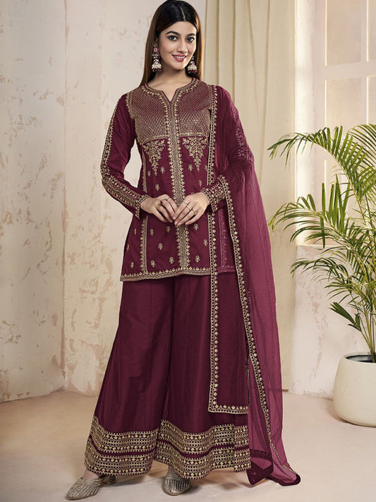 Inddus Ethnic Motifs Embroidered Sequinned Straight Kurta With Sharara And Dupatta