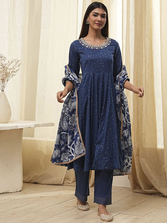 Biba Floral Embroidered Pure Cotton Anarkali Kurta With Palazzos And Dupatta
