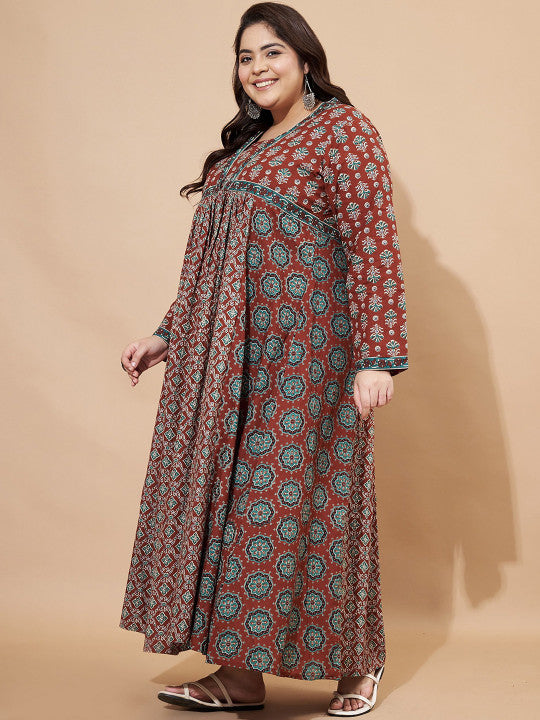 Vbuyz Plus Floral Printed Square Neck Cotton Maxi Ethinic Dress