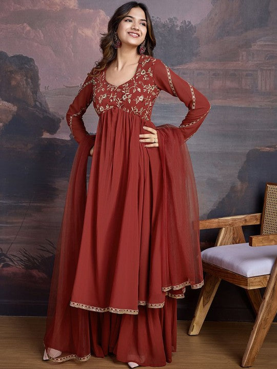 House of Pataudi Floral Embroidered Sequinned Georgette Kurta