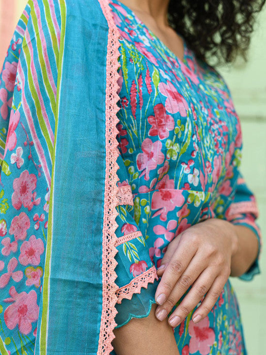 Floral Printed V-Neck Pure Cotton Angrakha Straight Kurta With Palazzos & Dupatta