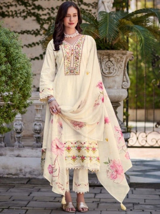 AUTUMN LANE Women Floral Embroidered Regular Sequinned Pure Cotton Kurta with Trousers & With Dupatta