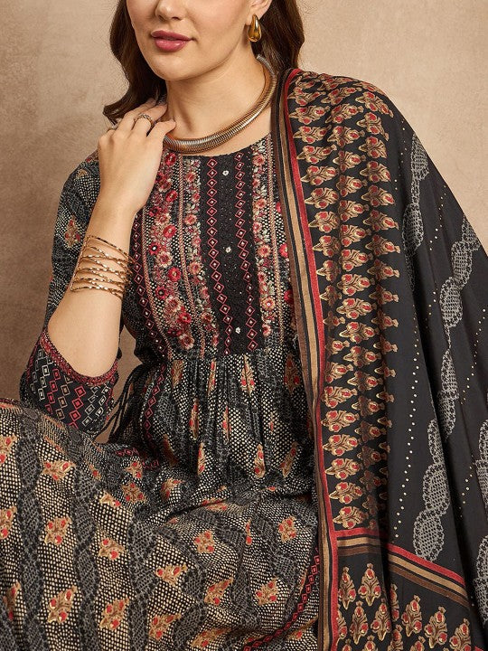 CHETI Women Floral Embroidered Regular Mirror Work Kurta with Trousers & With Dupatta