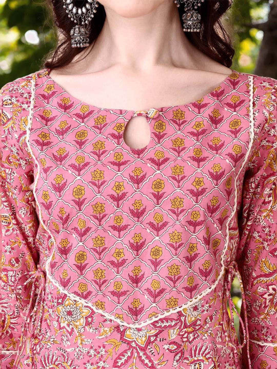 Anouk Floral Printed Keyhole Neck Pure Cotton A-Line Kurta With Trousers & Dupatta