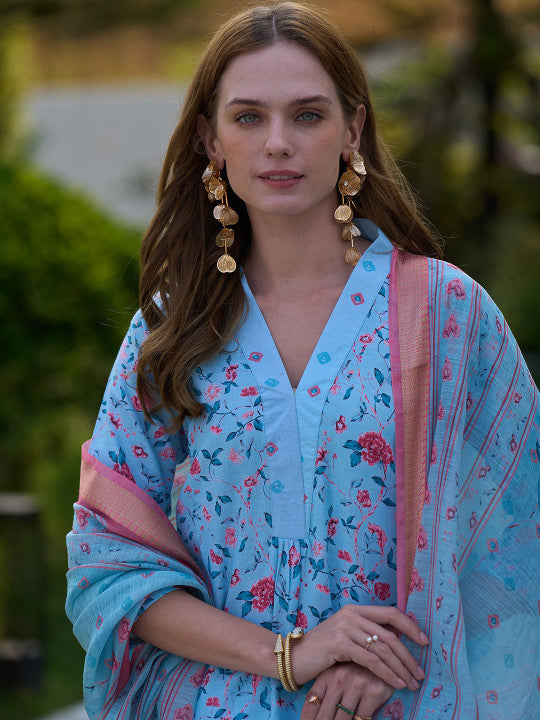 THE52 Floral Printed V-Neck Pure Cotton Straight Kurta With Trousers & Dupatta