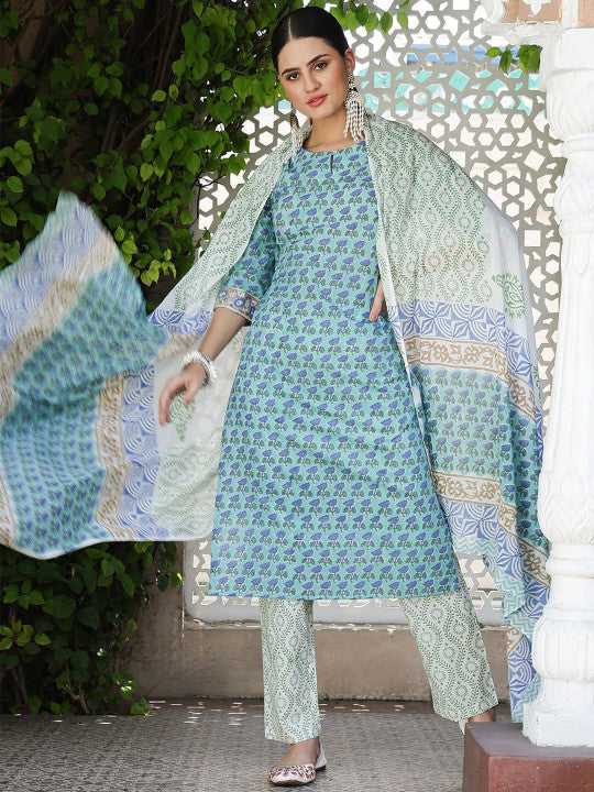 Taavi Floral Printed Pure Cotton Hand Block Print Kurta With Trousers & Dupatta