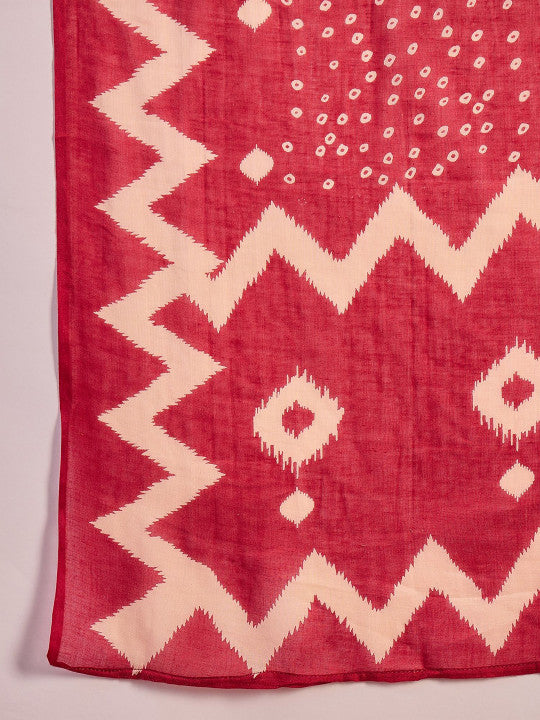 Vastramyaa Geometric Printed V-Neck Cotton A-Line Kurta With Trousers & Dupatta