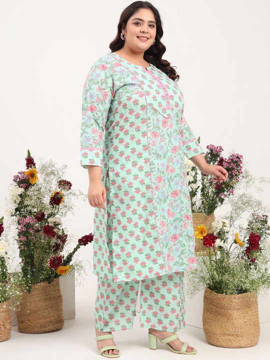 Tissu Plus Size Floral Printed Round Neck Pure Cotton Straight Kurta with Palazzos