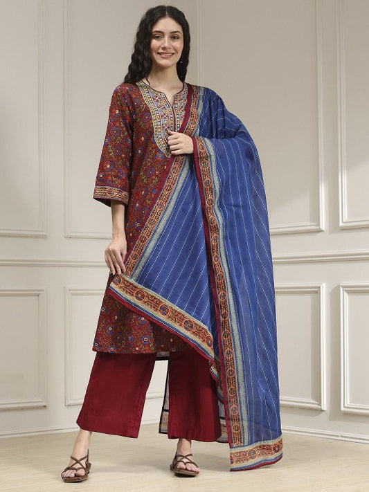 Biba Embroidered Notch Neck Thread Work Pure Cotton Straight Kurta With Palazzos & Dupatta