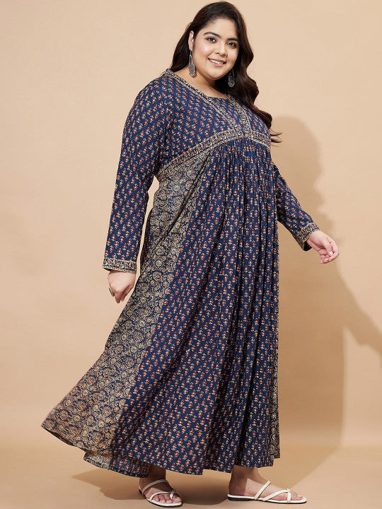 Vbuyz Plus Floral Printed Square Neck Cotton Maxi Ethinic Dress