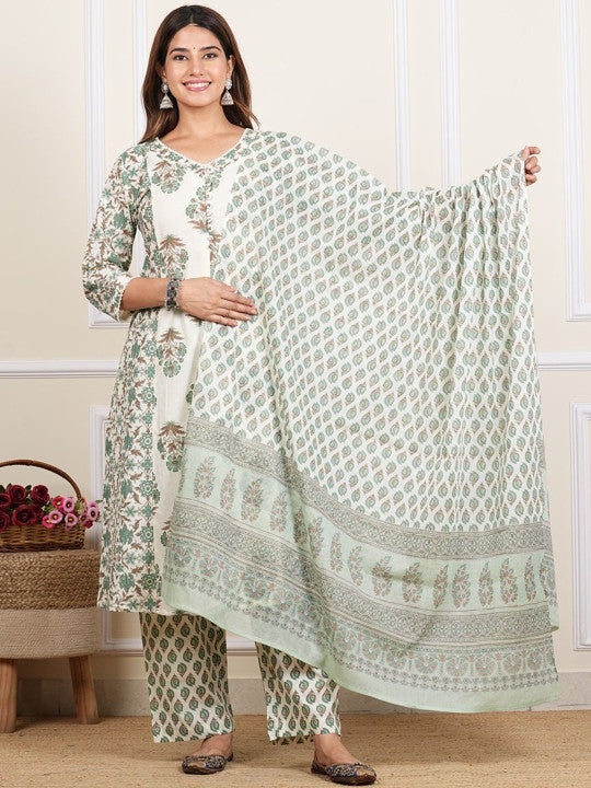 YASH GALLERY Floral Printed Regular Pure Cotton Kurta With Trouser With Dupatta