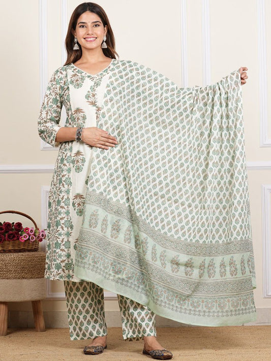 YASH GALLERY Floral Printed Regular Pure Cotton Kurta With Trouser With Dupatta