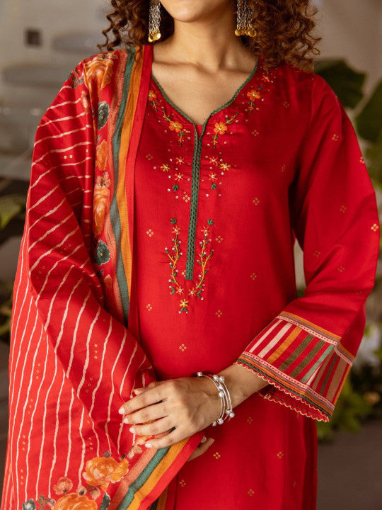AUTUMN LANE Kabool Scarlet Floral Printed Pure Cotton Kurta With Trousers & Dupatta