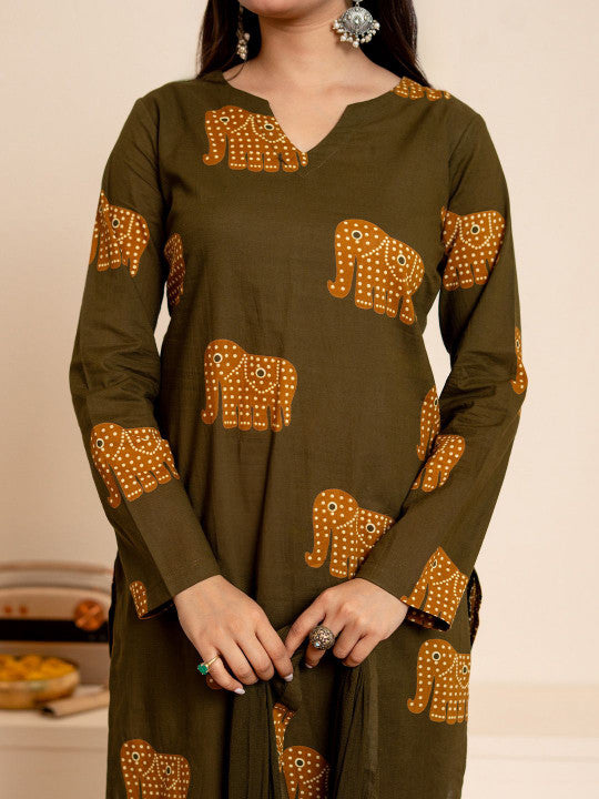 Vastara the Label Elephant Block Printed Pure Cotton Kurta With Trousers & Dupatta