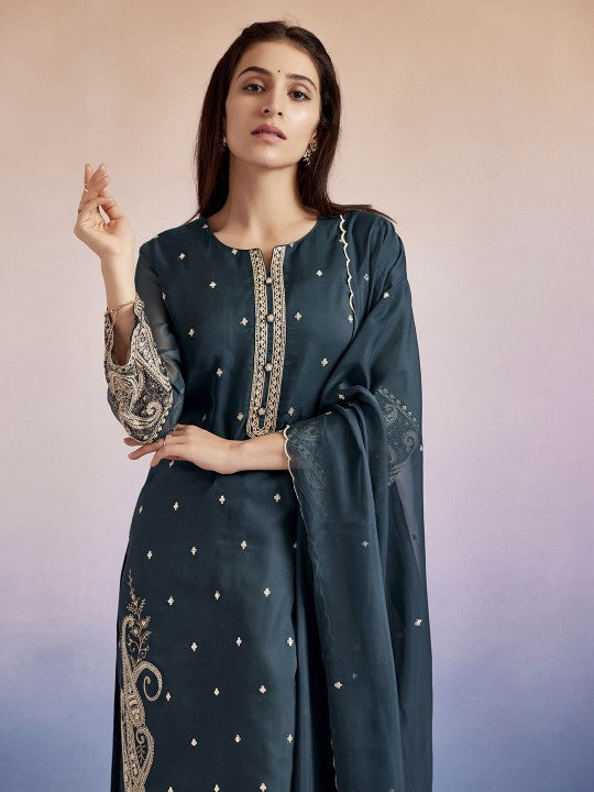 Jaipur Kurti Paisley Embroidered Round Neck Straight Kurta With Palazzos & Dupatta
