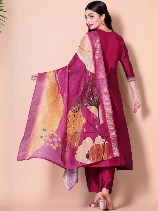 HERE&NOW Women Ethnic Motifs Printed Anarkali Kurta with Trouser & Dupatta