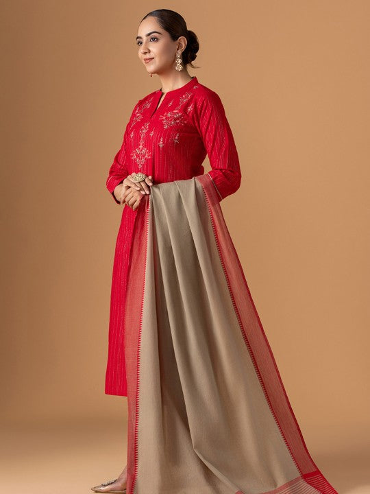 WOMEN PLUS Floral Embroidered Thread Work Pure Cotton Kurta With Trousers & Dupatta