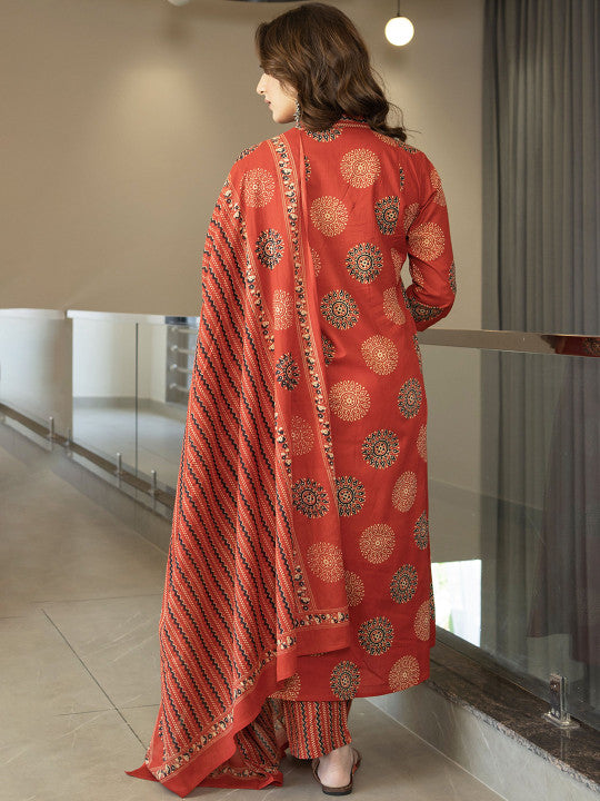 Arayna Floral Printed V-Neck Pure Cotton A-Line Kurta With Trouser & Dupatta
