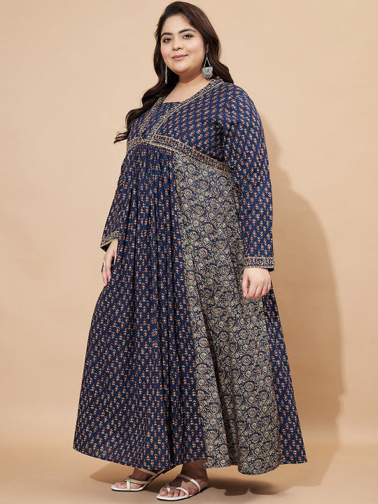 Vbuyz Plus Floral Printed Square Neck Cotton Maxi Ethinic Dress