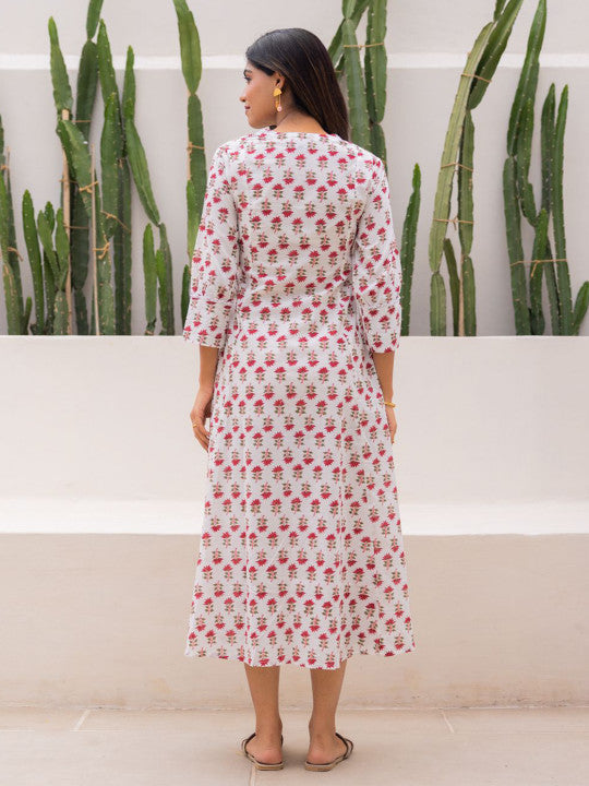 Ambraee Women Ethnic Motifs Handblock Printed A-Line Dress