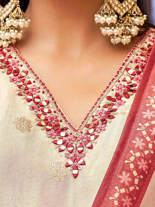 House of Pataudi Woven Design with Mirror Work Embroidered Kurta with Trousers & Dupatta