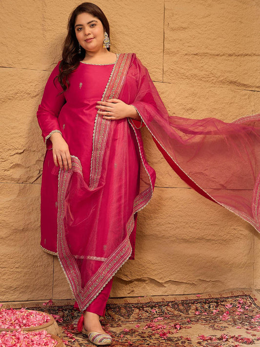 INDDUS PLUS Ethnic Motifs Embroidered Straight Kurta with Trousers & Dupatta