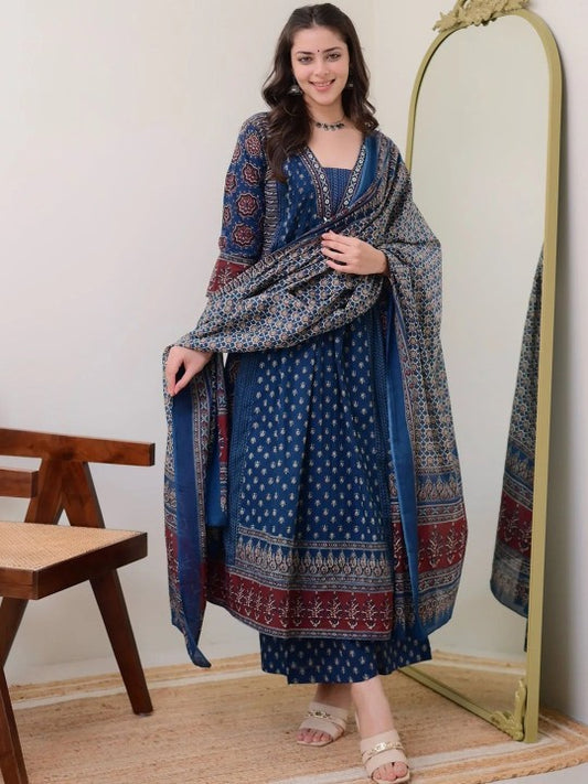 Floral Printed V Neck Anarkali Kurta With Trousers & Dupatta