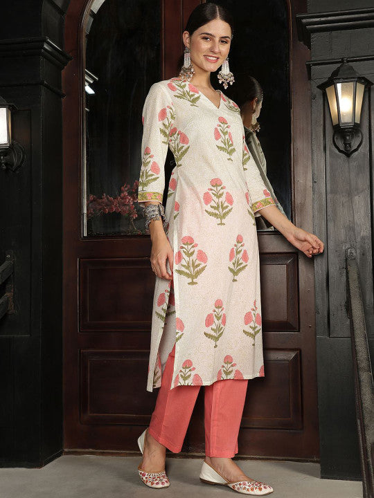 Taavi Floral Hand Block Print V-Neck Pure Cotton Kurta With Trousers & Dupatta