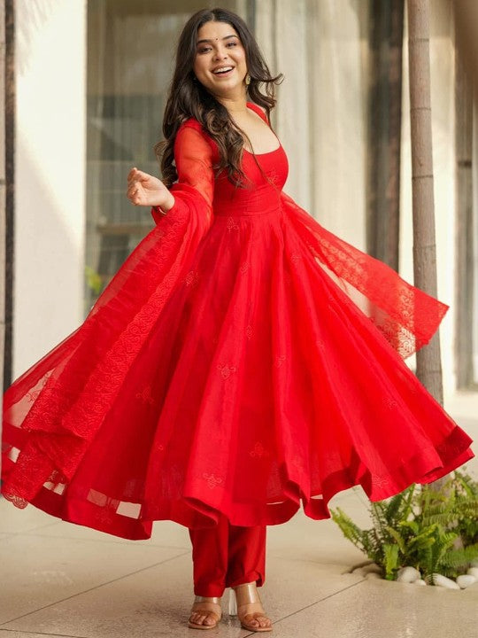 Idaho Clothing Floral Embroidered Anarkali organza Kurta With Trousers & Dupatta