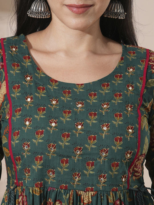 Globus Floral Printed Abla Work Waist Tie-Up Detailing A-Line Tiered Midi Workwear Dress