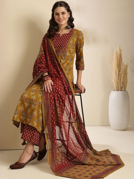 Floral Printed Pure Cotton Straight Kurta & Trousers With Dupatta