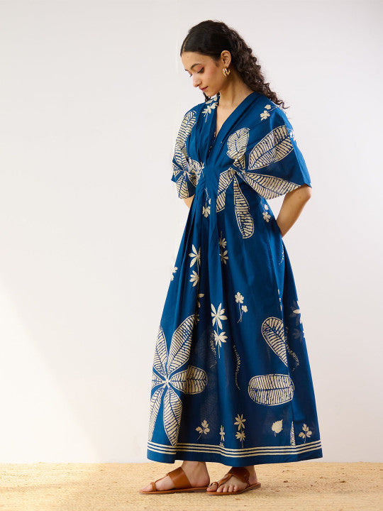 Printed Cotton Pleated Maxi Dress