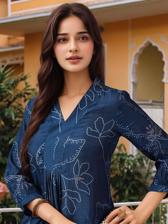 GoSriKi Ethnic Motifs Printed V-Neck A-Line Kurta With Trousers