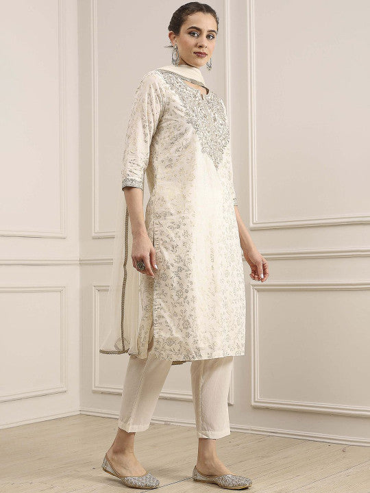 Biba Women Ethnic Motifs Printed Cotton Kurta with Trousers & Dupatta