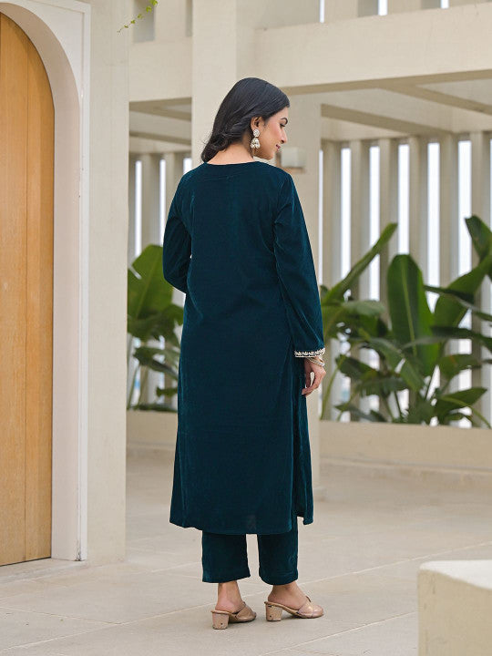 Divena Embroidered V-Neck Velvet Straight Kurta With Trouser & Dupatta