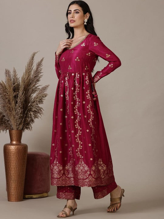 AURELIA Floral Self Design Beads and Stones A-Line Kurta with Palazzo & Dupatta