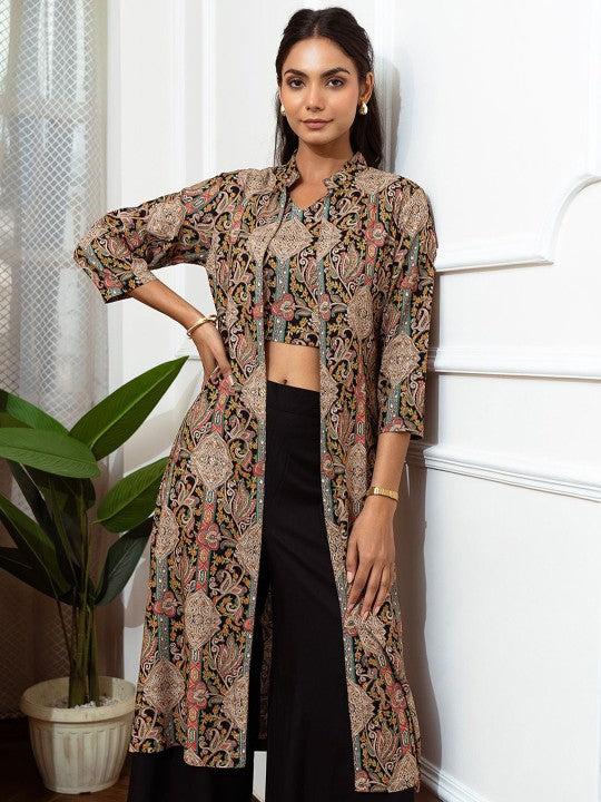 Claura Black Floral Printed V-Neck Top with Shrug & Trousers