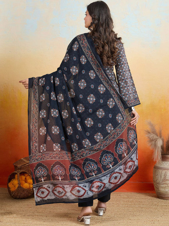 IOLY Women Ethnic Motifs Printed Regular Kantha Work Pure Cotton Kurti With Dupatta