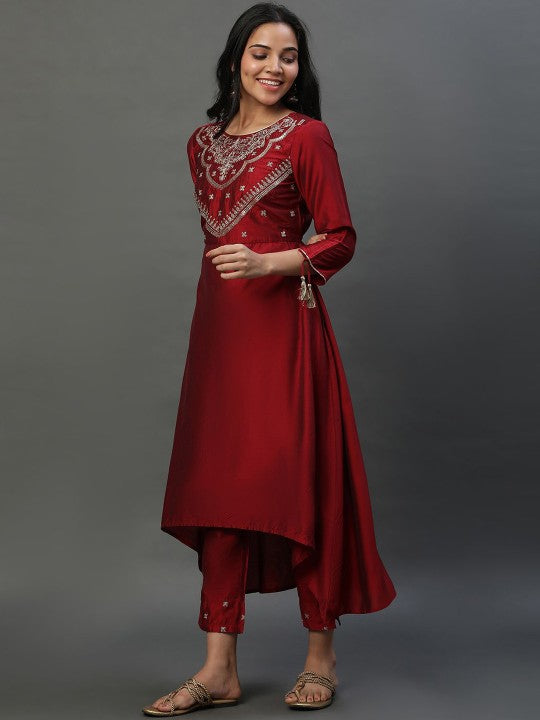 AURELIA Women Yoke Design Regular Thread Work Kurta with Palazzos & With Dupatta